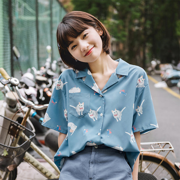 Turn Collar Cat Print Blue Blouse