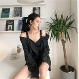 Black Off Shoulder Long Sleeve Stripped Blouse