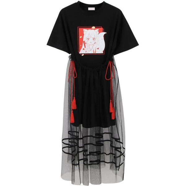 Black Long Graphic T-shirt Dress With Tulle