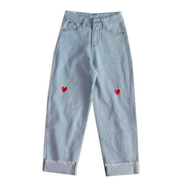 Wide Leg Kpop Heart Embroidery Jeans