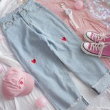 Wide Leg Kpop Heart Embroidery Jeans