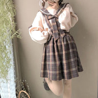 School Girl Plaid Suspender and Collar Blouse Set