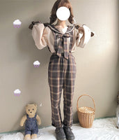 School Girl Plaid Suspender and Collar Blouse Set