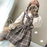 School Girl Plaid Suspender and Collar Blouse Set