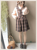 School Girl Plaid Suspender and Collar Blouse Set