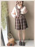 School Girl Plaid Suspender and Collar Blouse Set