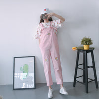 Pink Fruit Embroidery Overalls