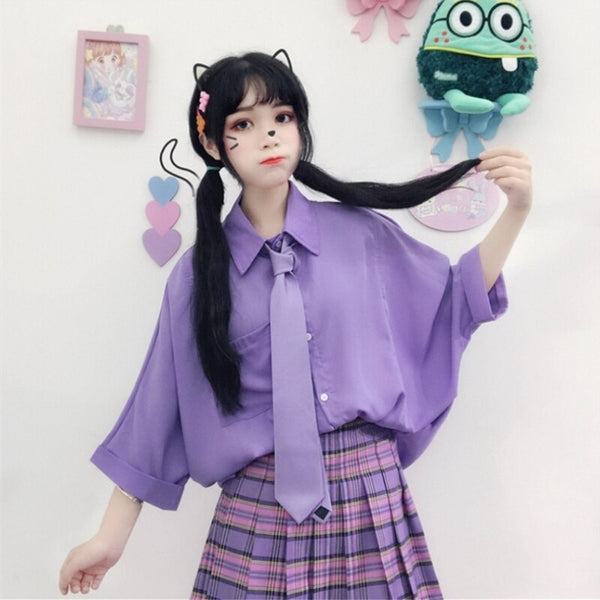 Purple Bat Sleeve Preppy Tie Blouse