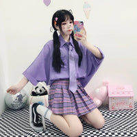 Purple Bat Sleeve Preppy Tie Blouse