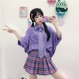 Purple Bat Sleeve Preppy Tie Blouse