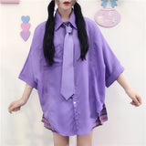 Purple Bat Sleeve Preppy Tie Blouse