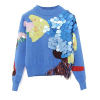 Blue Color Block Patchwork Big Sequins Sweater