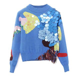 Blue Color Block Patchwork Big Sequins Sweater