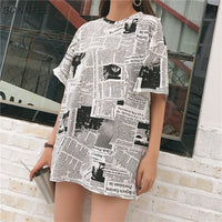 Newspaper Print Short-sleeved Long T-shirt