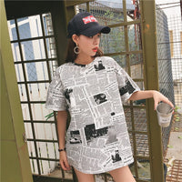 Newspaper Print Short-sleeved Long T-shirt