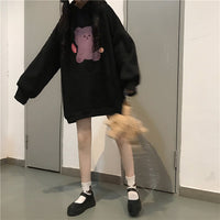 Anime Bear Printed Black Oversized Hoodie