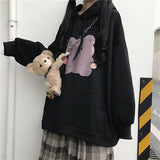 Anime Bear Printed Black Oversized Hoodie