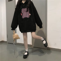 Anime Bear Printed Black Oversized Hoodie