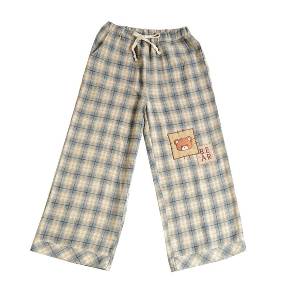 High Waisted Plaid Teddybear Wide Leg Pants