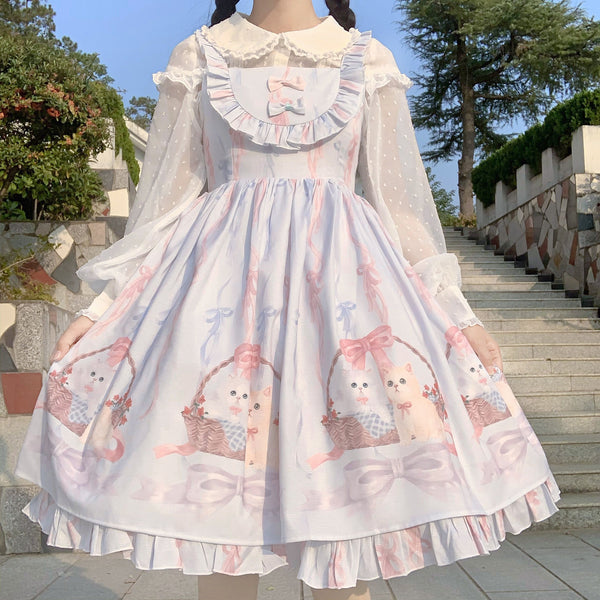 Pink Lolita Dress With Ruffles and Cat Print