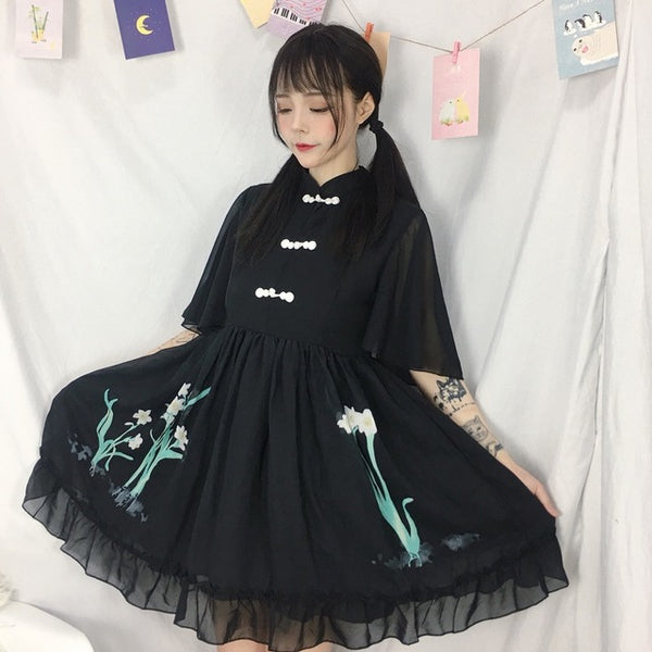 Black Vintage Short Sleeve Cheongsam Dress