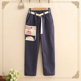 Elastic High Waist Cat Patch Pants