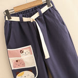 Elastic High Waist Cat Patch Pants