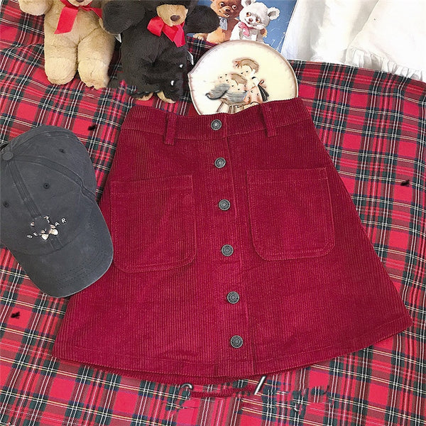 Red Vintage Button Corduroy Skirt