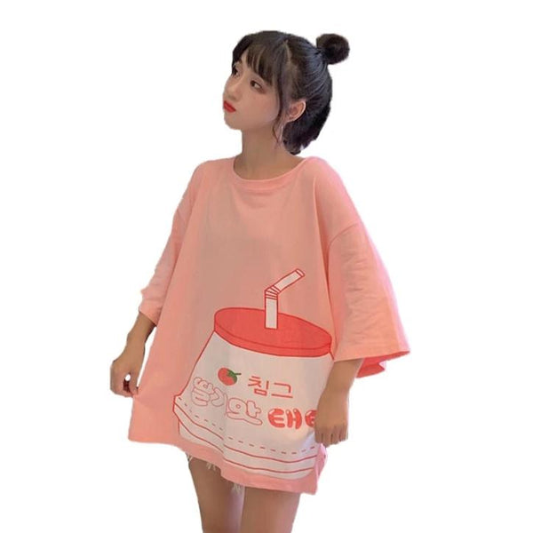 Strawberry Milk Print Long T-shirt