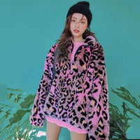 Pink Leopard Print Faux Fur Coat