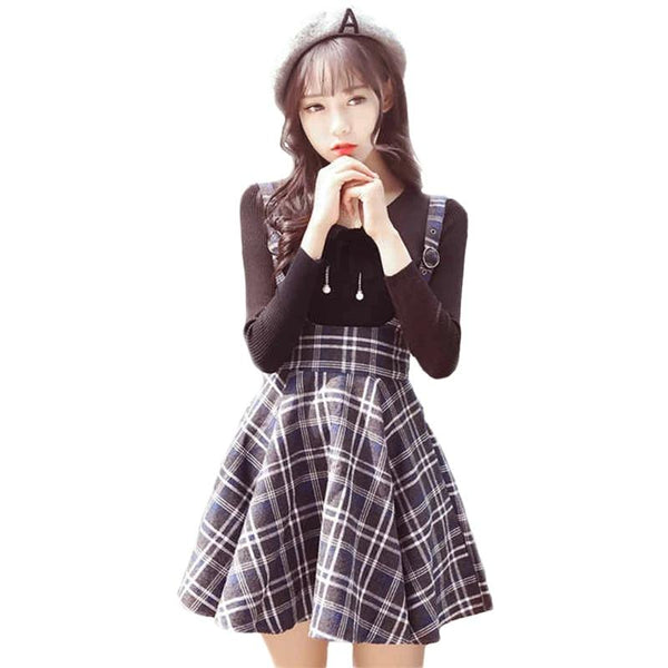 Preppy Plaid Wool Suspender Skirt