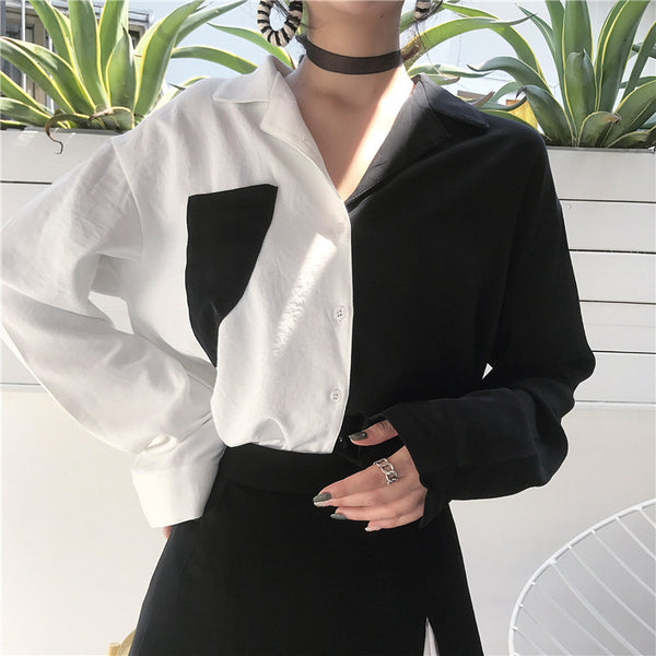 Black Contrast Long Sleeve Blouse