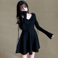 Black Long Sleeve Lace Up Dress