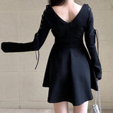 Black Long Sleeve Lace Up Dress