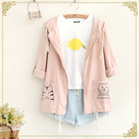 Cat Embroidery Long Sleeve Hooded Jacket