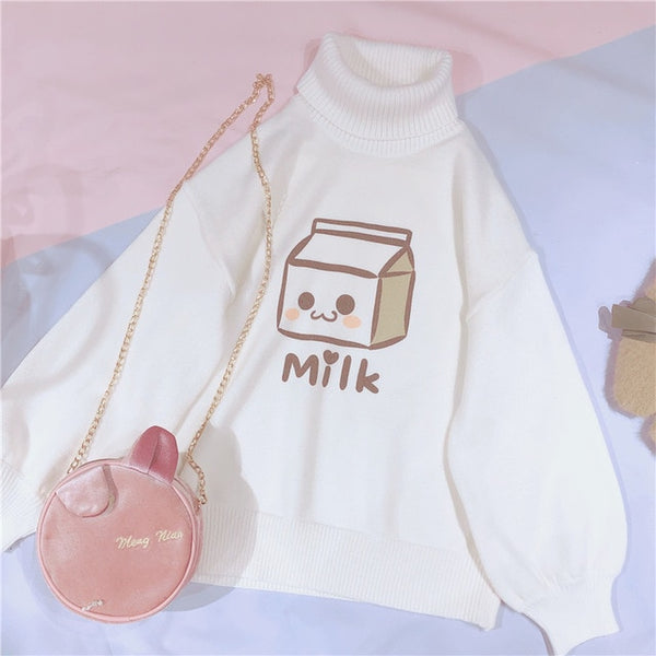 Preppy Milk Graphic Turtleneck Sweater