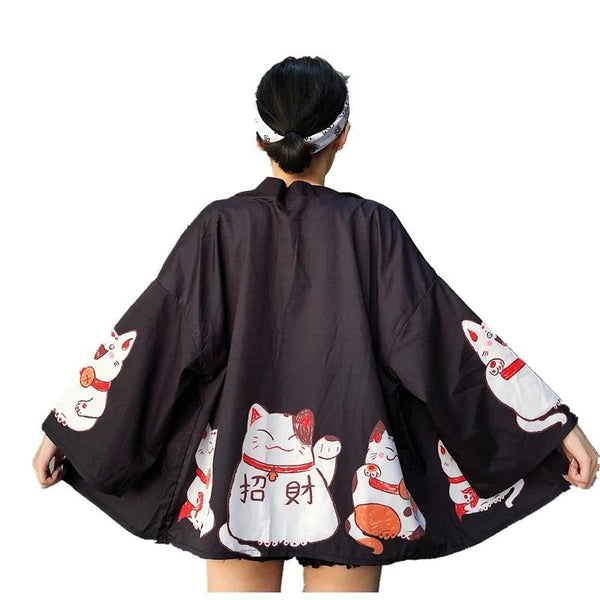 Black Maneki-neko Cat Kimono