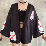 Black Maneki-neko Cat Kimono