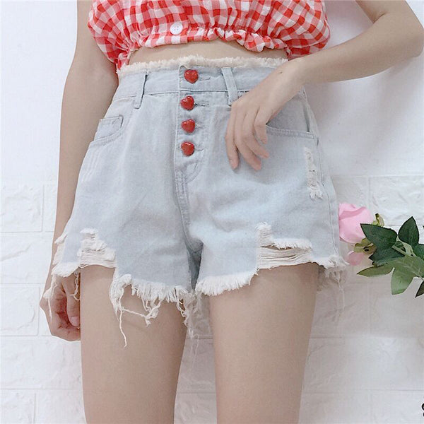 Heart Button Denim Ripped Shorts