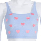 Blue Embroidery Heart Crop Tank Top