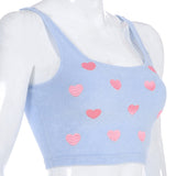 Blue Embroidery Heart Crop Tank Top