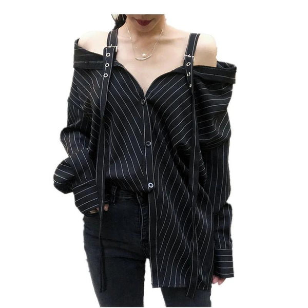 Black Off Shoulder Long Sleeve Stripped Blouse