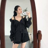 Black Off Shoulder Long Sleeve Stripped Blouse