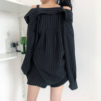 Black Off Shoulder Long Sleeve Stripped Blouse