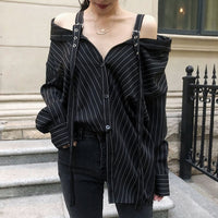 Black Off Shoulder Long Sleeve Stripped Blouse