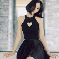 Black Halter Tank Top With Heart Cut-out